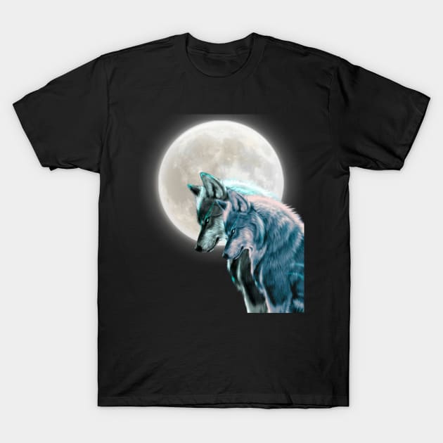 Stunning Couple Wolves - Moon in background T-Shirt by FoxyChroma